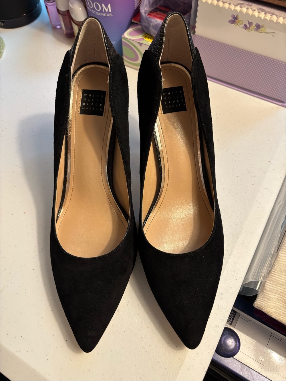 White House Black Market Black Suede Pointed Pump Heels